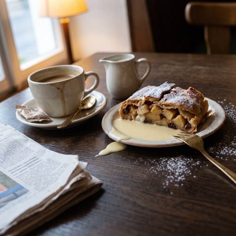 Ein St&uuml;ck Apfelstrudel mit Vanilleso&szlig;e, daneben eine Tasse Filterkaffee