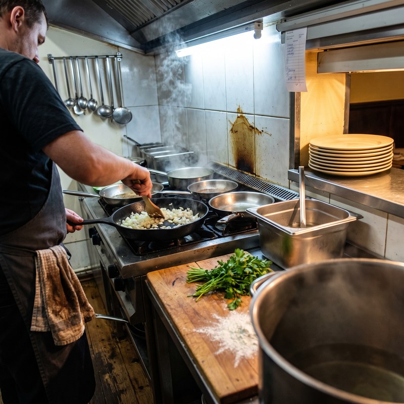 Blick in unsere K&uuml;che w&auml;hrend des Betriebs: ein Koch wendet Zwiebeln in der Pfanne, daneben vorgew&auml;rmte Teller