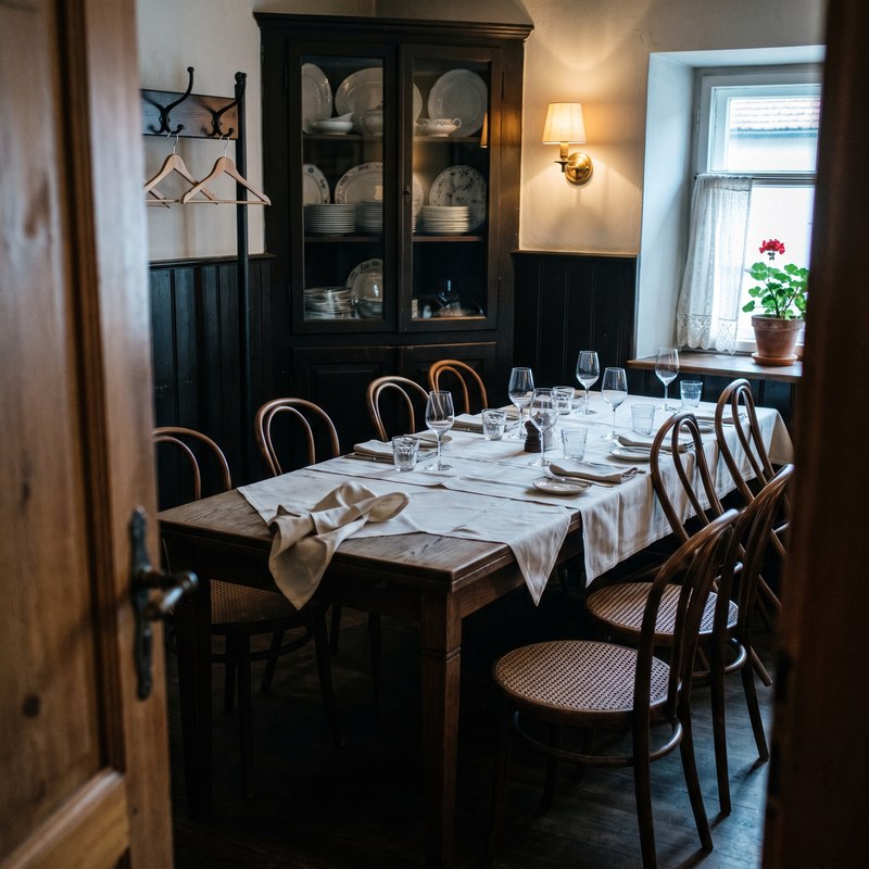 Das Lindenst&uuml;ble: eingedeckte lange Tafel im separaten Nebenzimmer mit Eckvitrine und Spitzengardine
