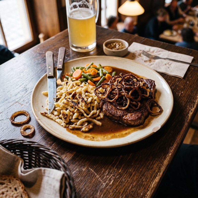 Zwiebelrostbraten mit gebratenen Zwiebelringen, Sp&auml;tzle und Gem&uuml;se auf einem dunklen Holztisch