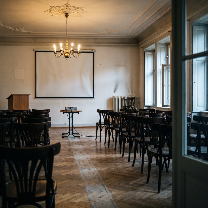 Der historische Saal im ersten Stock mit Stuckdecke, Kronleuchter, Leinwand und Stuhlreihen