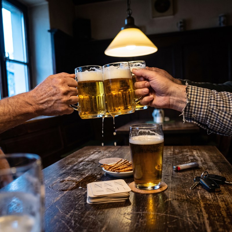 H&auml;nde sto&szlig;en mit Bierkr&uuml;gen &uuml;ber einem dunklen Holztisch an