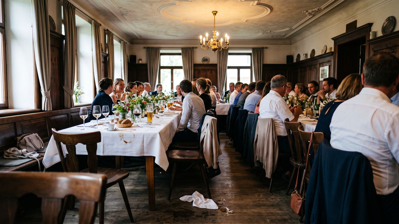 Gesellschaft an der langen Tafel im Saal, Blumen in Einmachgl&auml;sern in der Tischmitte