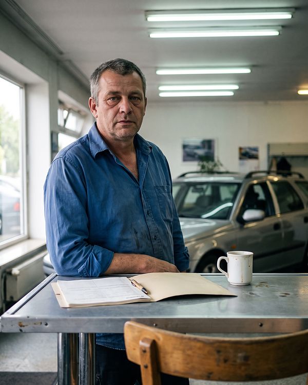 Thomas Wiegmann am Stehtisch im Verkaufsraum, vor ihm eine aufgeschlagene Fahrzeugmappe mit Kugelschreiber und eine Kaffeetasse
