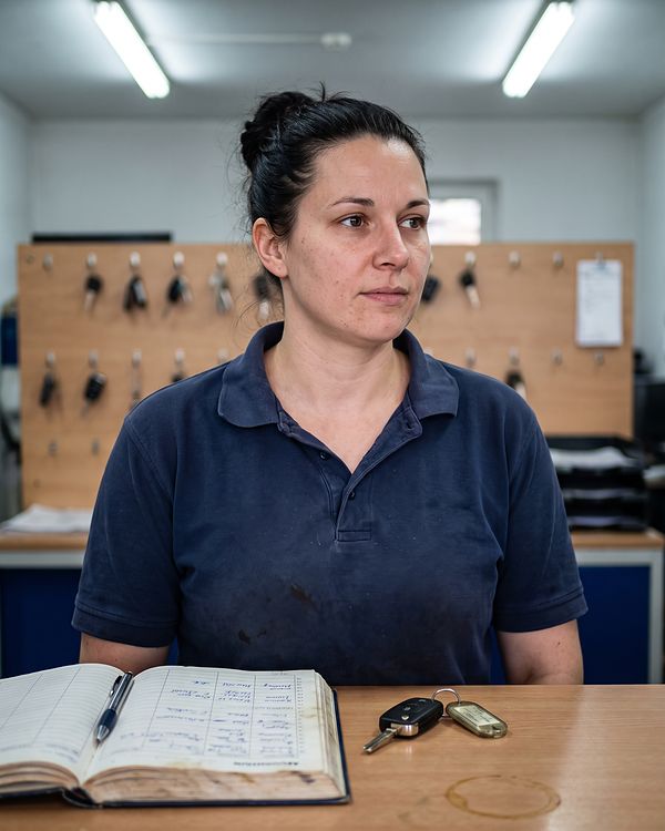 Sabine Ortmann an der Serviceannahme, vor ihr das aufgeschlagene Terminbuch und ein Autoschlüssel, dahinter das Schlüsselbrett