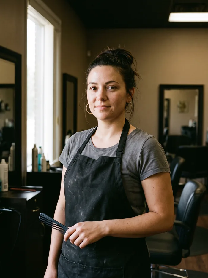 Melike Aydın steht mit der Schere in der Hand an ihrem Platz.