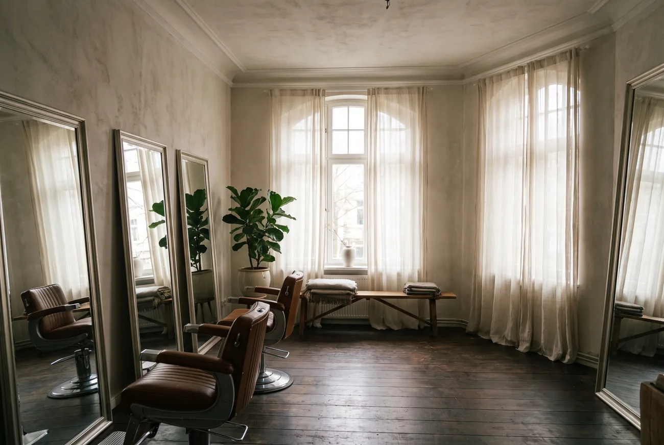Der Salonraum im Altbau, hohe Fenster, drei Spiegel und zwei Ledersessel auf dunklem Dielenboden.