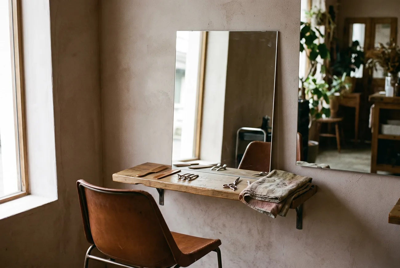 Ein Arbeitsplatz am Fenster mit Spiegel, Holzablage, Schere und Kamm.