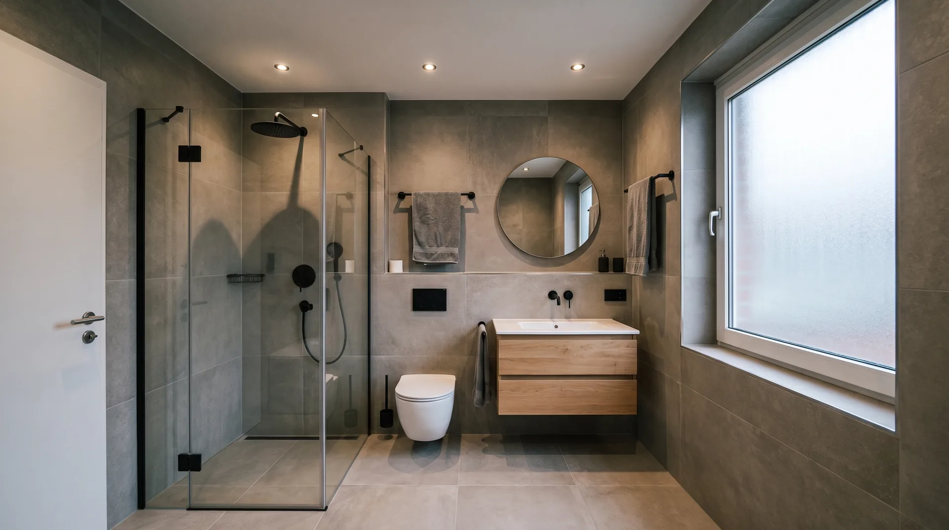 Das gleiche Bad nach der Sanierung: bodengleiche Dusche, Wand-WC, Waschtisch aus Eiche, großformatige Fliesen.