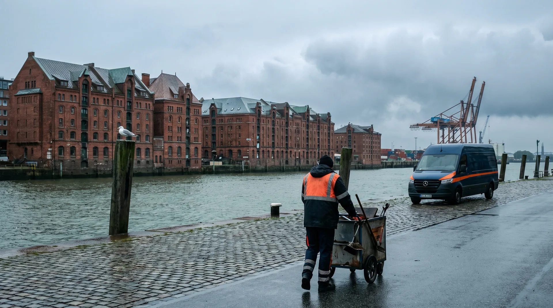 Die Elbe bei Hamburg an einem grauen Morgen, Backsteinspeicher am anderen Ufer.