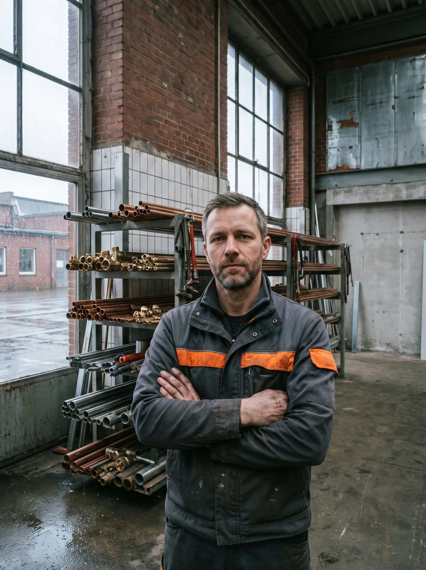 Jonas Fahrenkrog in der Werkstatt, Arme verschränkt, vor Regalen mit Kupferfittings.