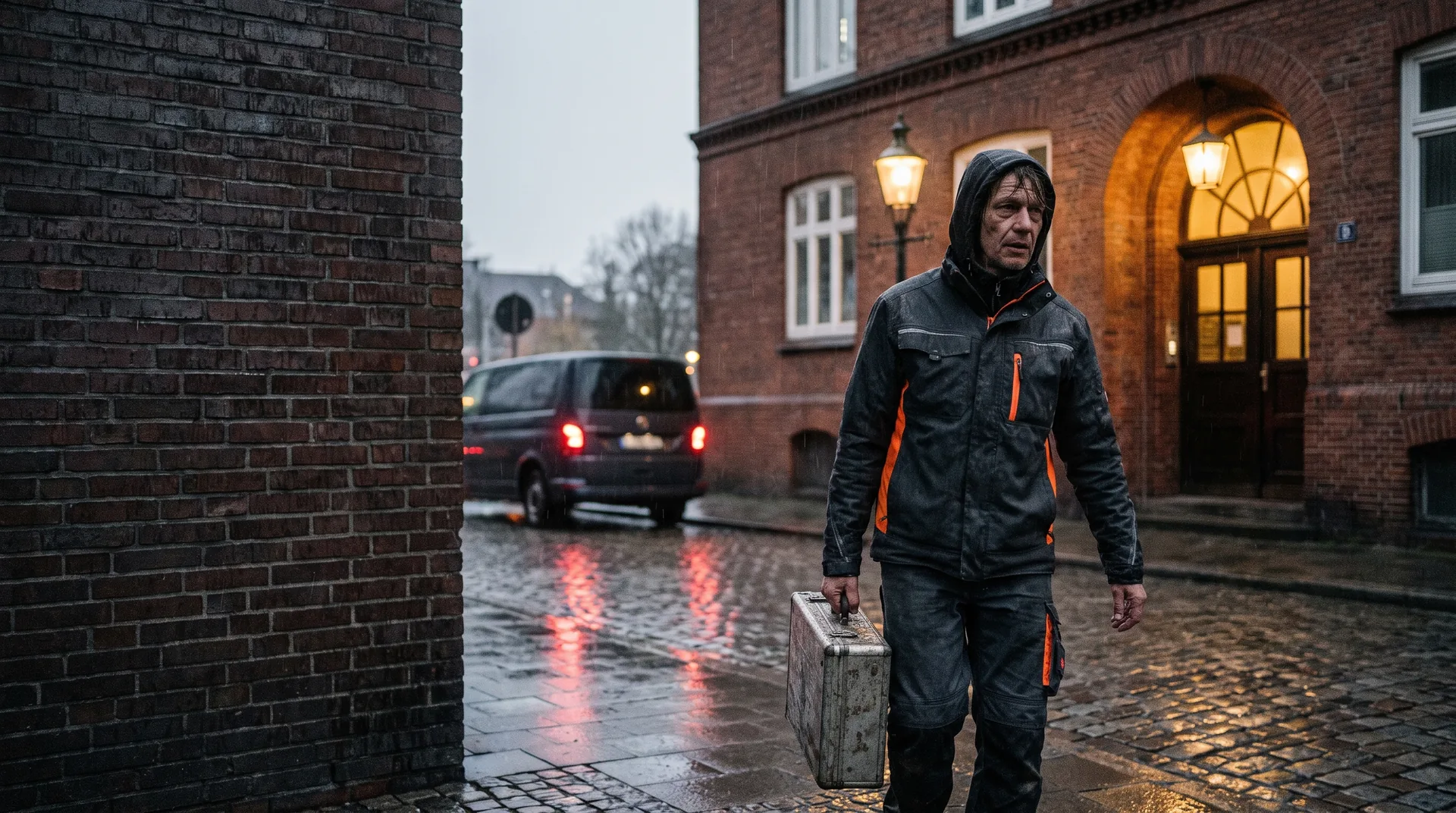 Ein Monteur mit Werkzeugkoffer geht nachts im Regen auf einen beleuchteten Hauseingang in Hamburg zu.