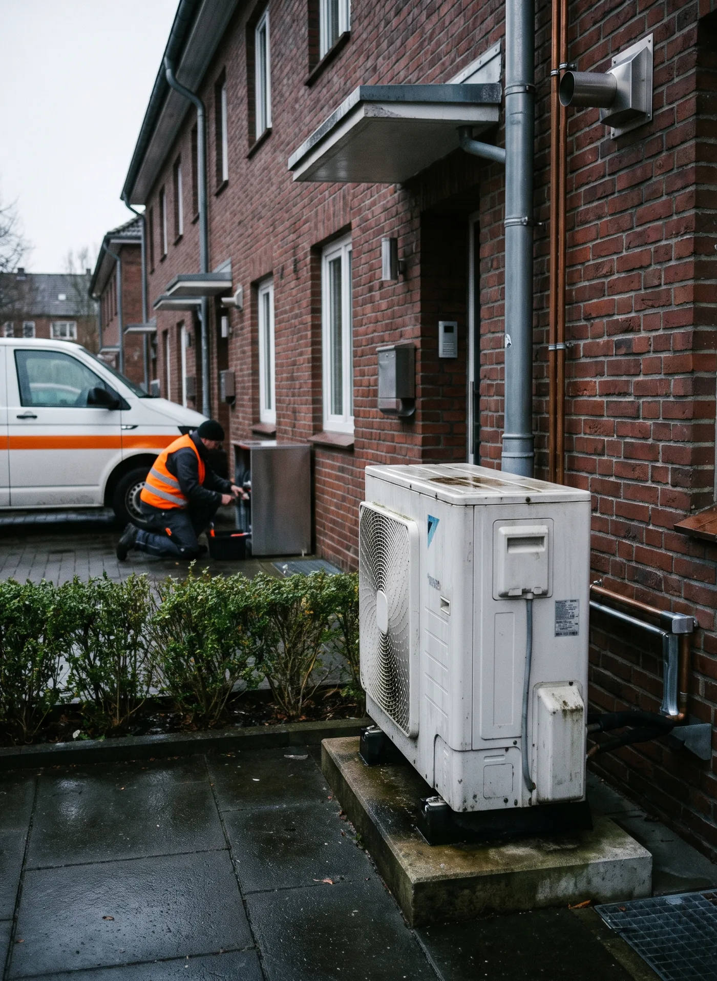 Weiße Wärmepumpen-Außeneinheit an der Klinkerwand eines Hamburger Reihenhauses.
