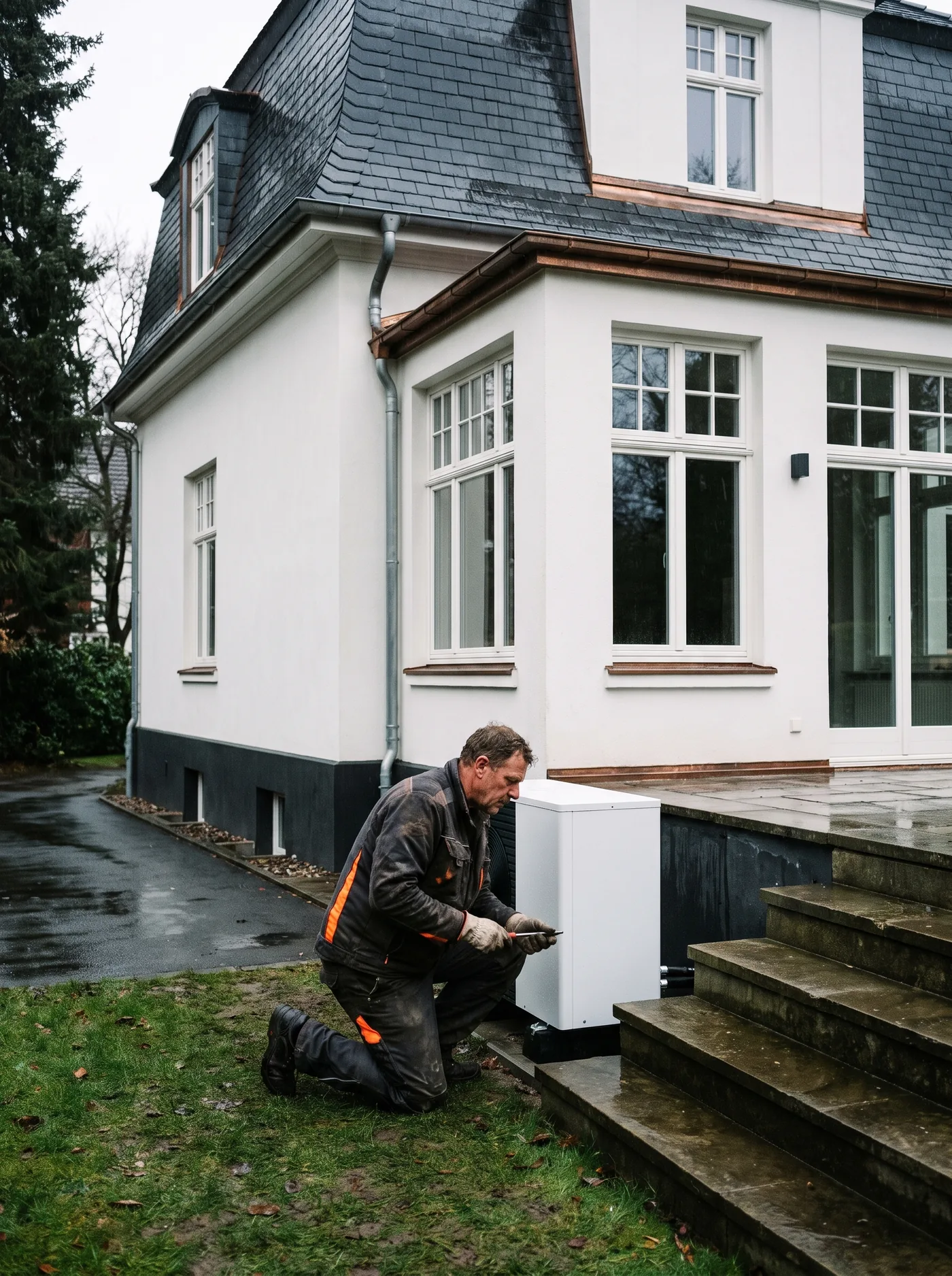 Weiße Stuckvilla in Eppendorf mit neuer Wärmepumpe neben der Terrasse.