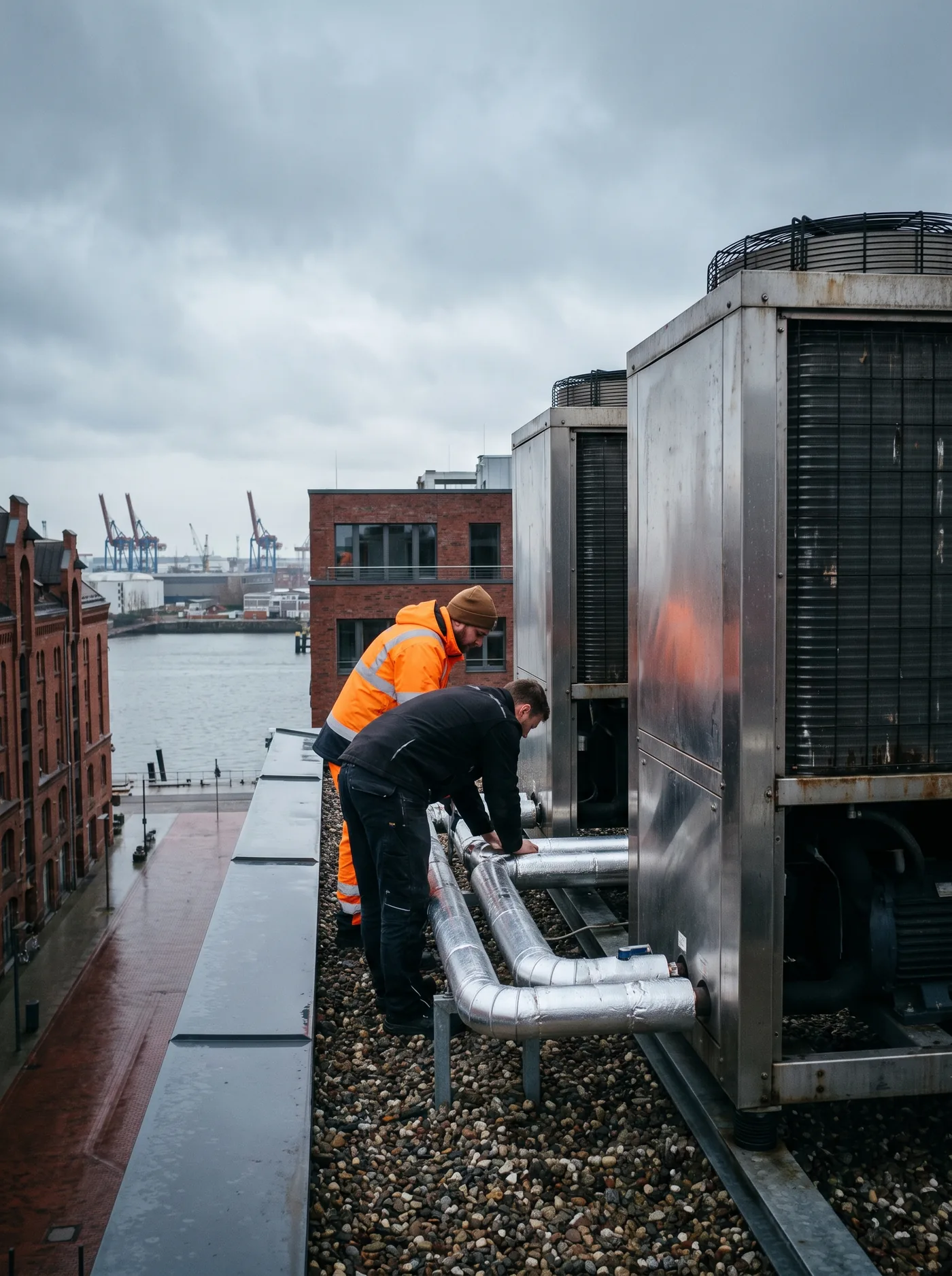 Zwei große Wärmepumpen auf dem Dach eines Bürohauses in der HafenCity, im Hintergrund der Hafen.