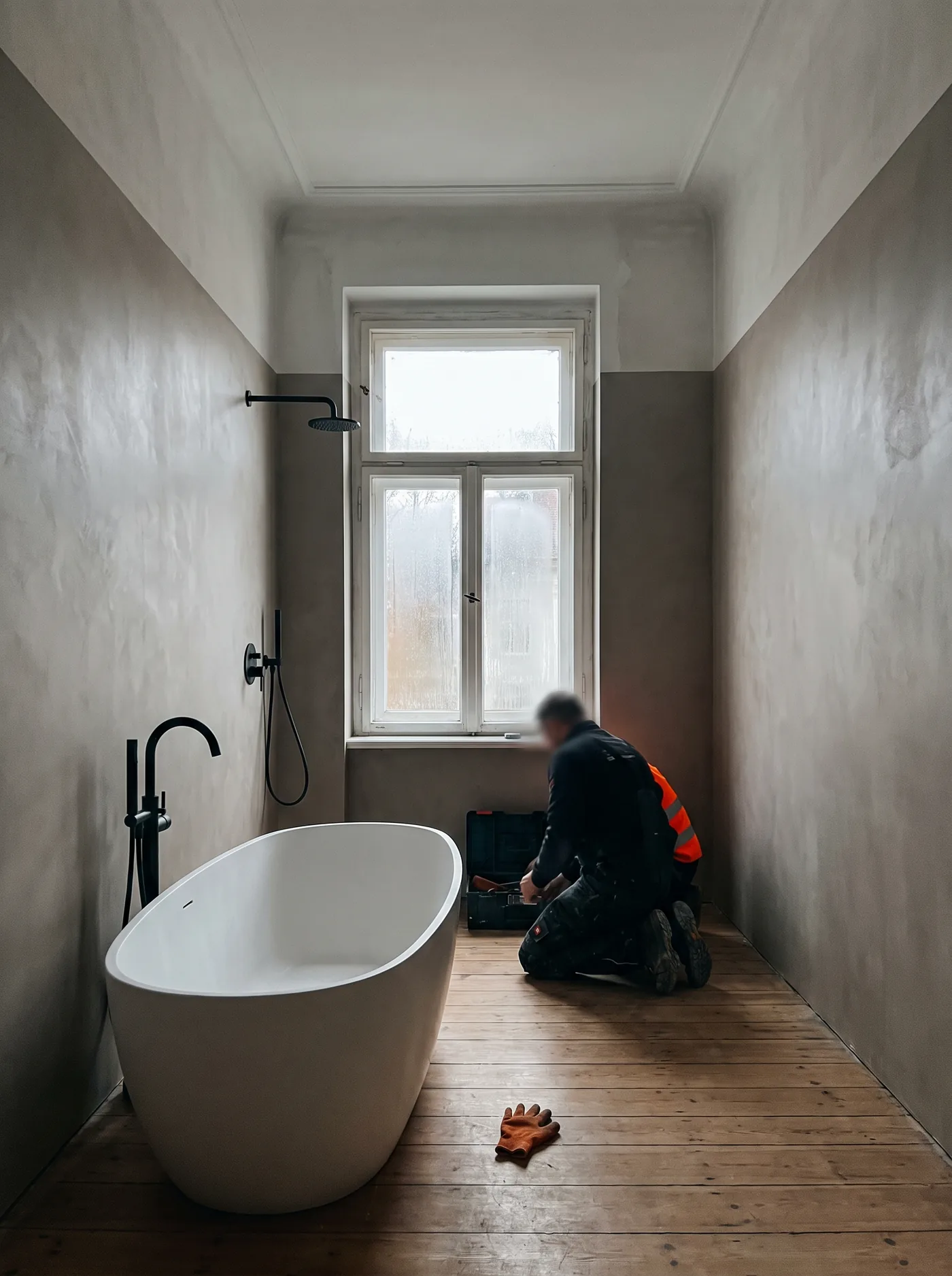Saniertes Altbaubad in Ottensen mit freistehender Wanne unter hohem Fenster.