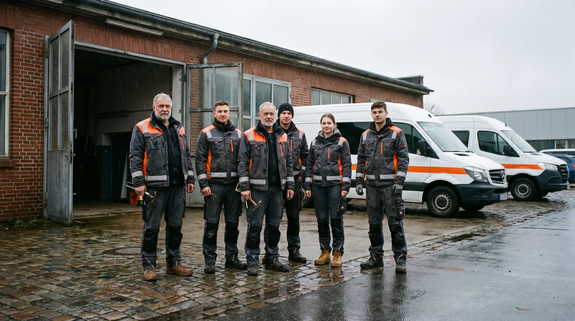 Sechs Mitarbeitende von Fahrenkrog in Arbeitskleidung vor der offenen Werkstatthalle, zwei Transporter dahinter.