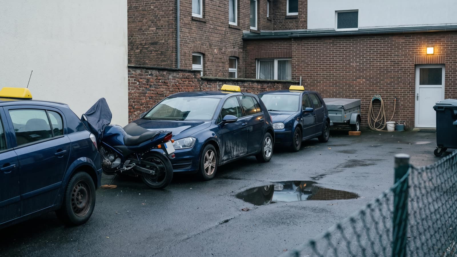 Der Hof hinter dem B&uuml;ro: drei Fahrschulwagen mit gelbem Dachschild, ein Motorrad auf dem Seitenst&auml;nder und ein kleiner Anh&auml;nger.