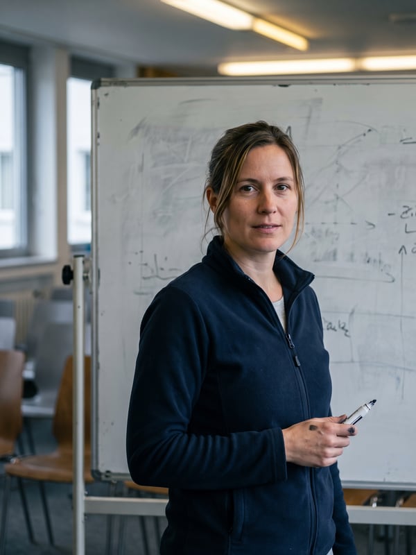 Sabine Kruse steht mit einem Whiteboard-Stift in der Hand vor der Tafel im Schulungsraum.