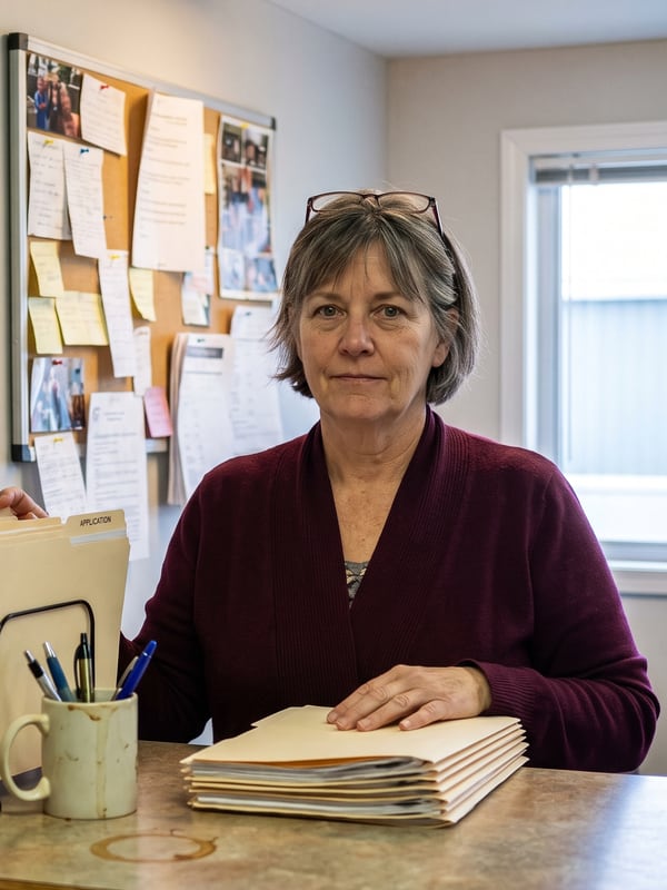 Anja Pohl steht hinter dem B&uuml;rotresen, eine Hand auf einem Stapel Anmeldeunterlagen.