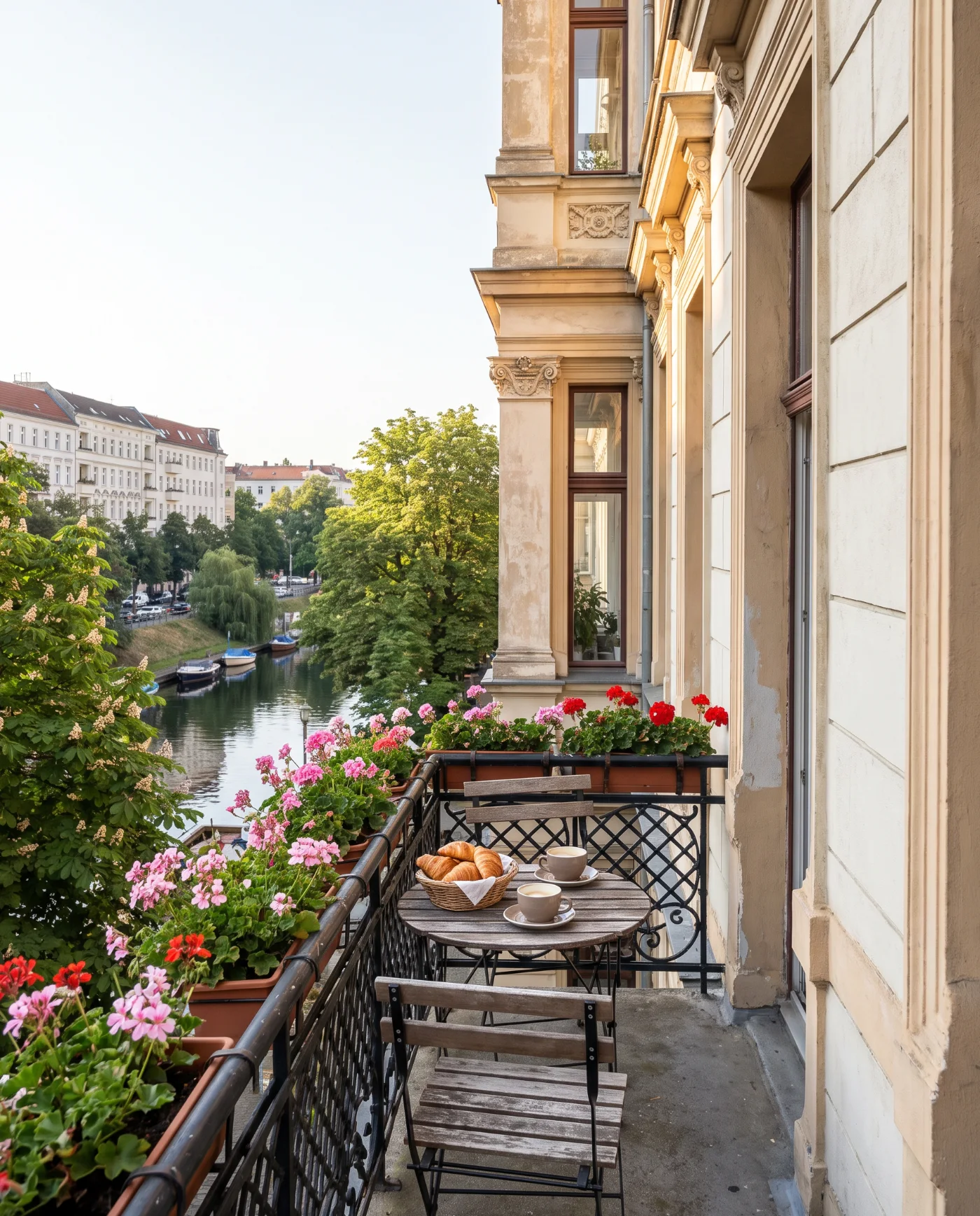 Balkon mit schmiedeeisernem Geländer, Geranien und Bistrotisch mit Kaffee und Croissants, Blick über die Baumkronen auf den Landwehrkanal