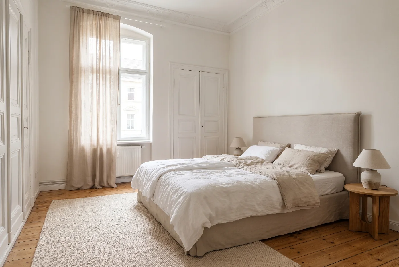 Schlafzimmer mit großem Doppelbett, weißer und sandfarbener Leinenbettwäsche, Nachttischen und hohem Fenster
