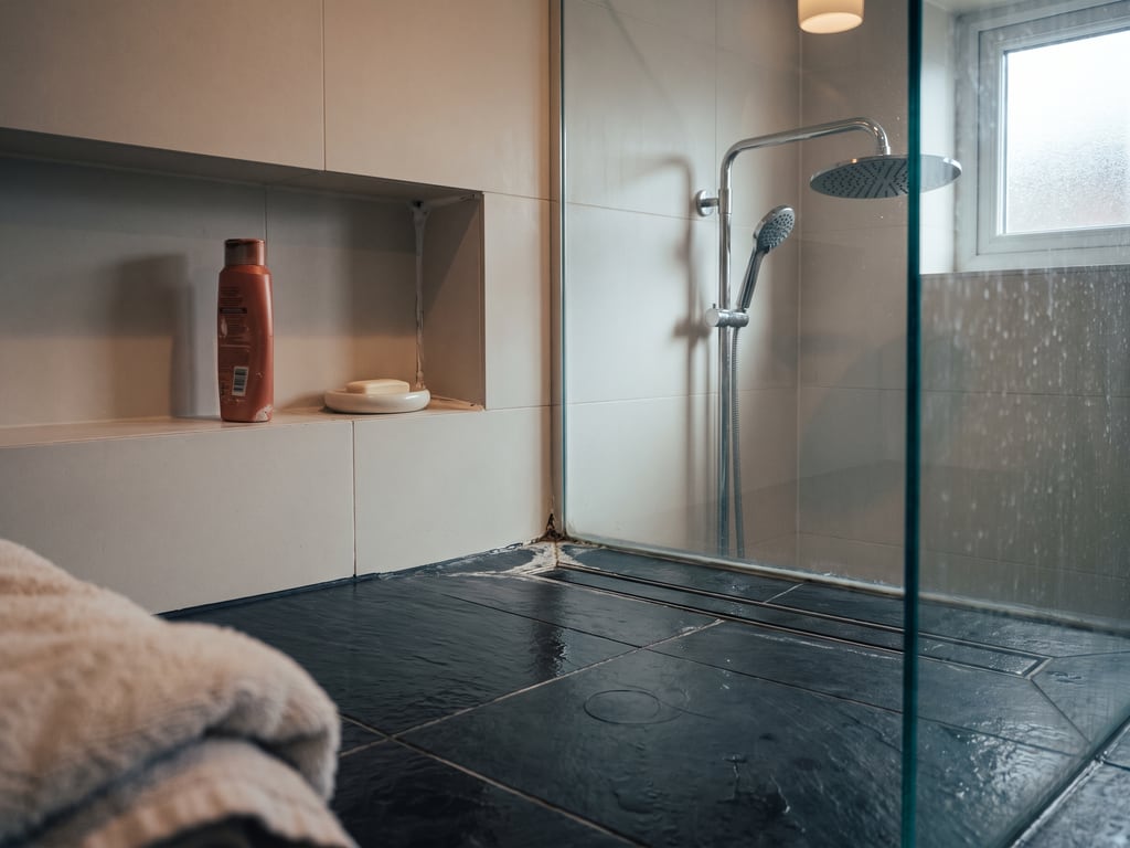 Bodengleiche Dusche mit Linienrinne in dunklen Fliesen in Schieferoptik, gefliester Wandnische mit Seifenschale und Regenbrause hinter Glas