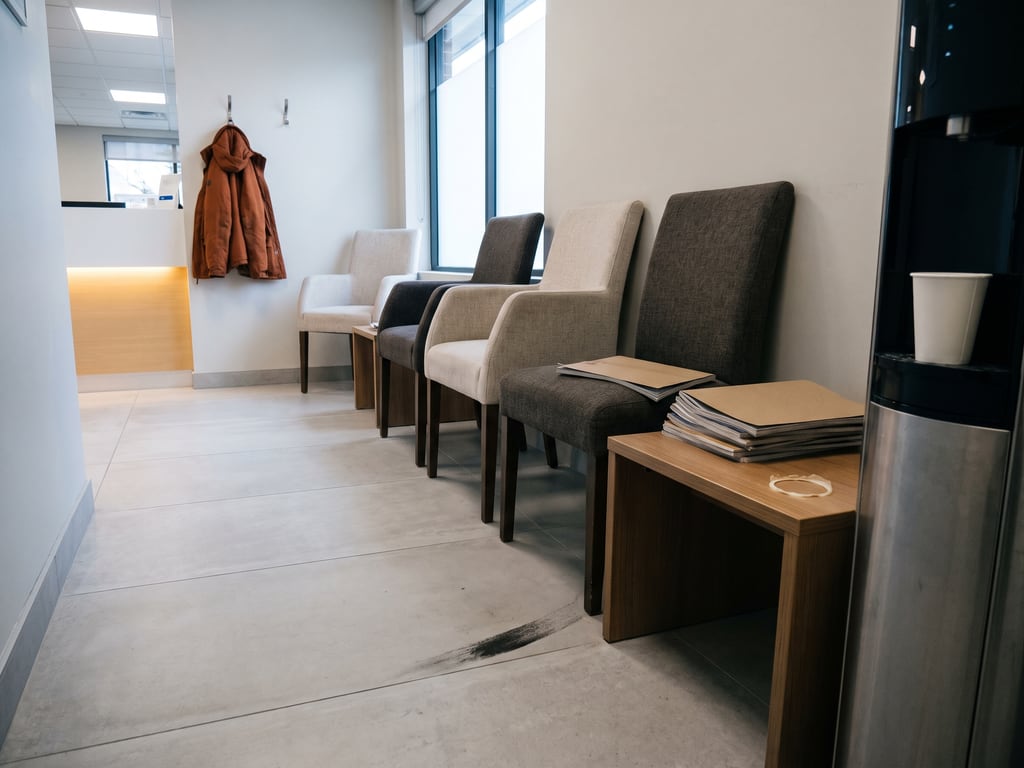 Wartebereich einer kleinen Zahnarztpraxis mit großformatigen hellgrauen Bodenplatten, Polsterstühlen an der Wand und einem Wasserspender