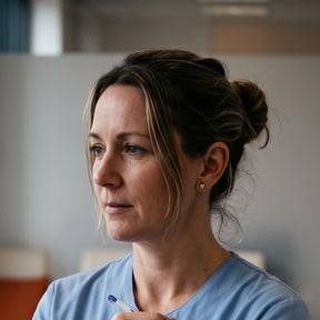 Eine Frau Mitte vierzig in heller Berufskleidung steht im Wartebereich ihrer Praxis