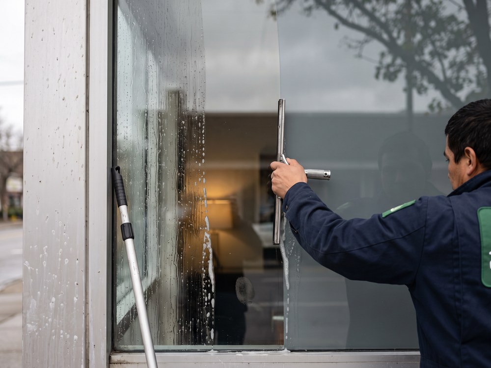 Glasreiniger zieht einen Abzieher &uuml;ber eine gro&szlig;e Fensterscheibe; rechts daneben ist die Scheibe noch matt vom Schmutzfilm