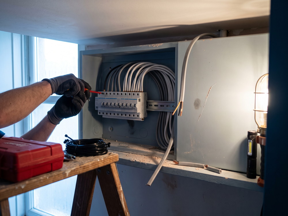 Offener Z&auml;hlerschrank im Altbau: halb best&uuml;ckte Reihe grauer Sicherungsautomaten, neue Leitungen zur Seite gek&auml;mmt