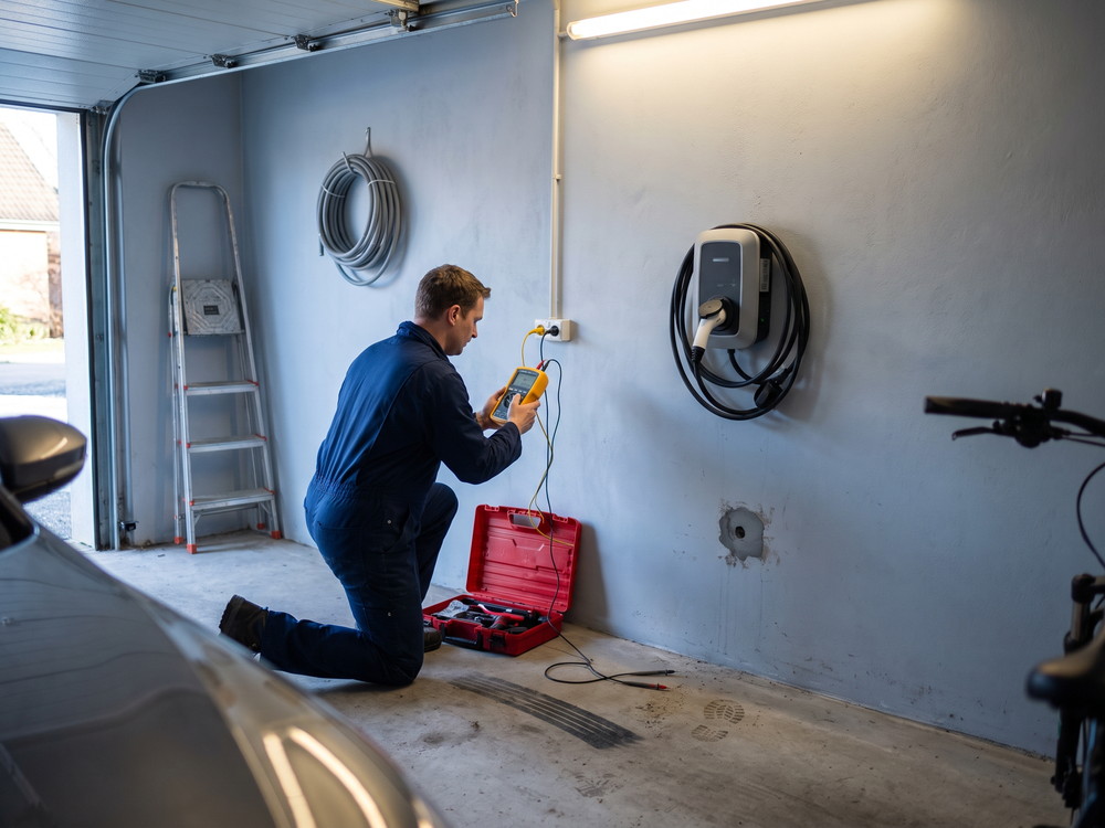 Wandladestation in einer Garage, ein Elektriker misst mit einem Installationstester an der Dose daneben