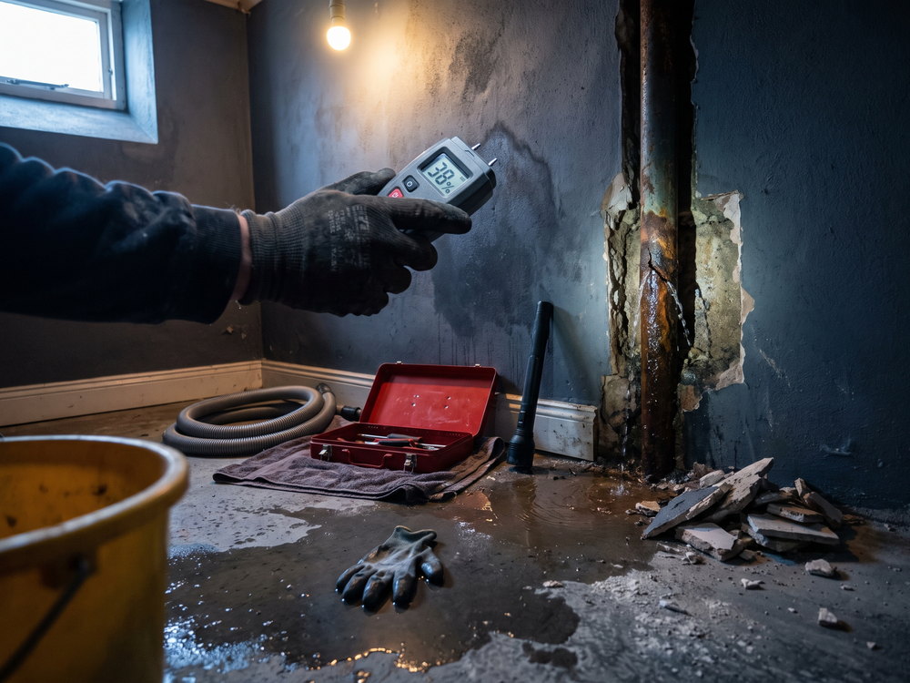 Freigelegtes, verrostetes Stahlrohr in einer feuchten Kellerwand, eine behandschuhte Hand h&auml;lt ein Feuchtemessger&auml;t daran