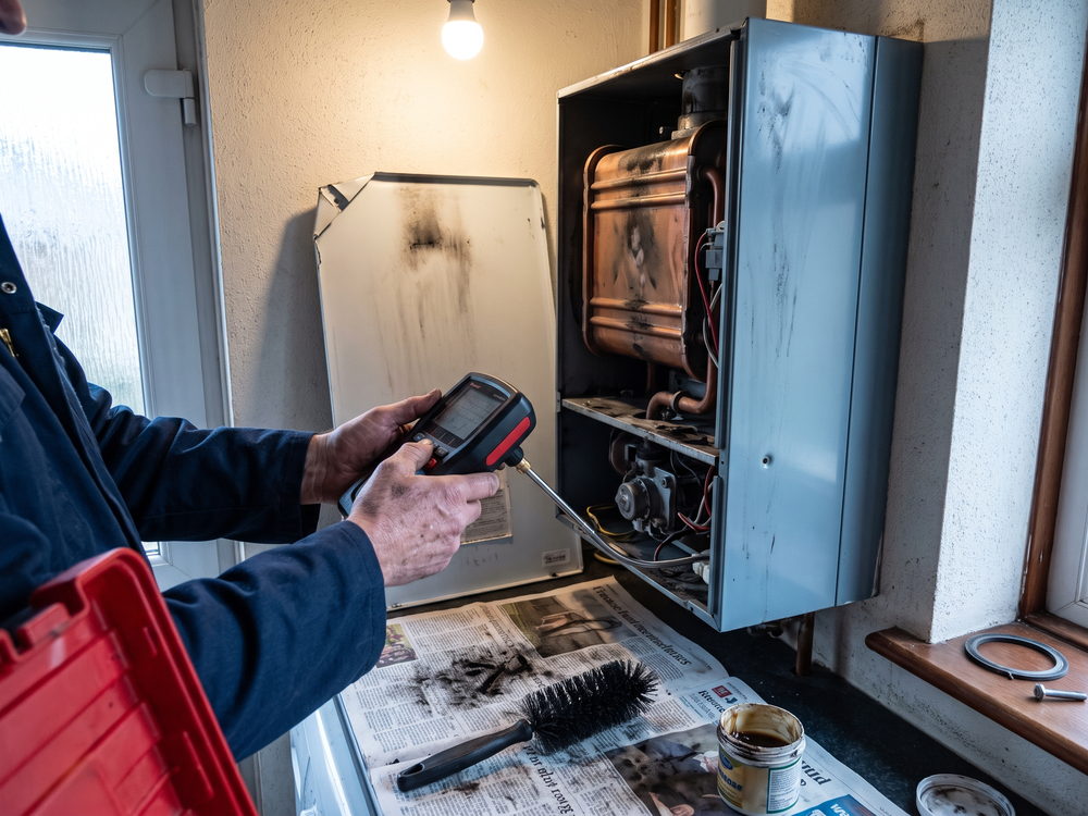 H&auml;nde halten ein Abgasmessger&auml;t an den Messstutzen einer ge&ouml;ffneten Gastherme, die Frontblende lehnt an der Wand