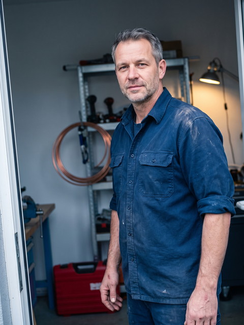 Markus Ellermann im dunkelblauen Arbeitshemd in der offenen T&uuml;r seiner Werkstatt