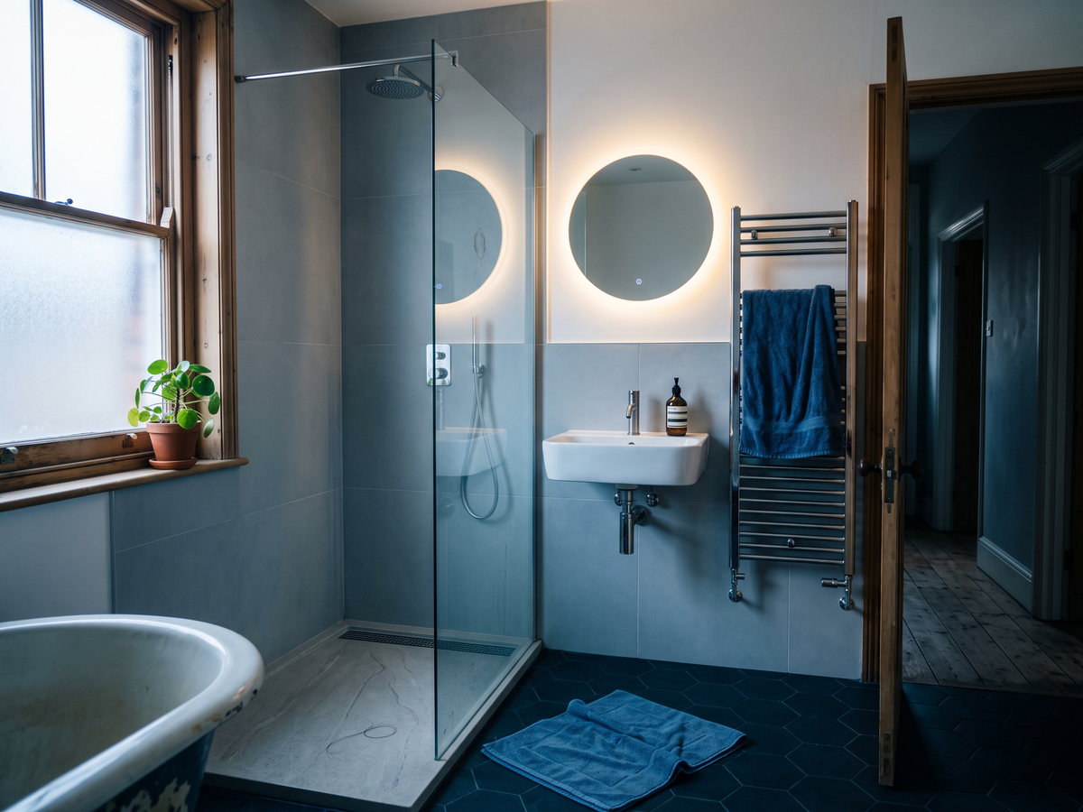 Fertig saniertes Bad im Altbau mit bodengleicher Dusche, Glasabtrennung, Wandwaschtisch und Handtuchheizk&ouml;rper
