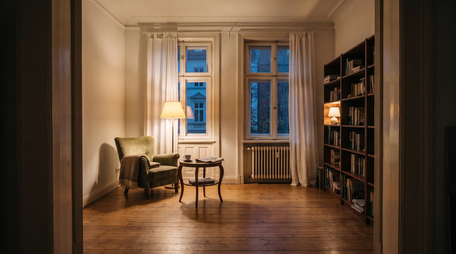 Dasselbe Wohnzimmer am Abend, mit Lampenlicht.