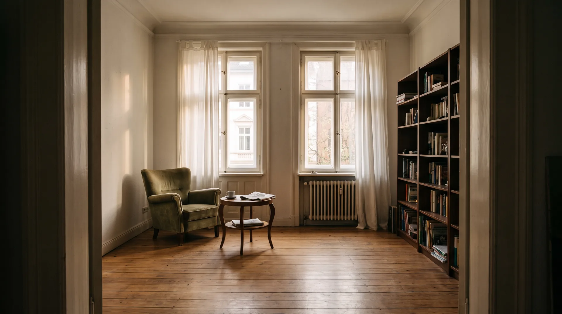 Ein Wohnzimmer in Eimsbüttel im Morgenlicht.