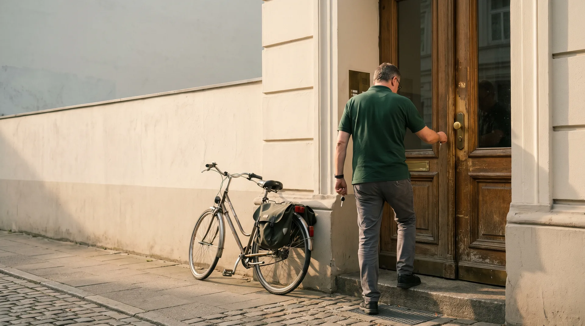 Die Haustür eines Altbaus in Eimsbüttel am frühen Morgen. Eine Pflegekraft mit Schlüssel und Tasche steht davor.