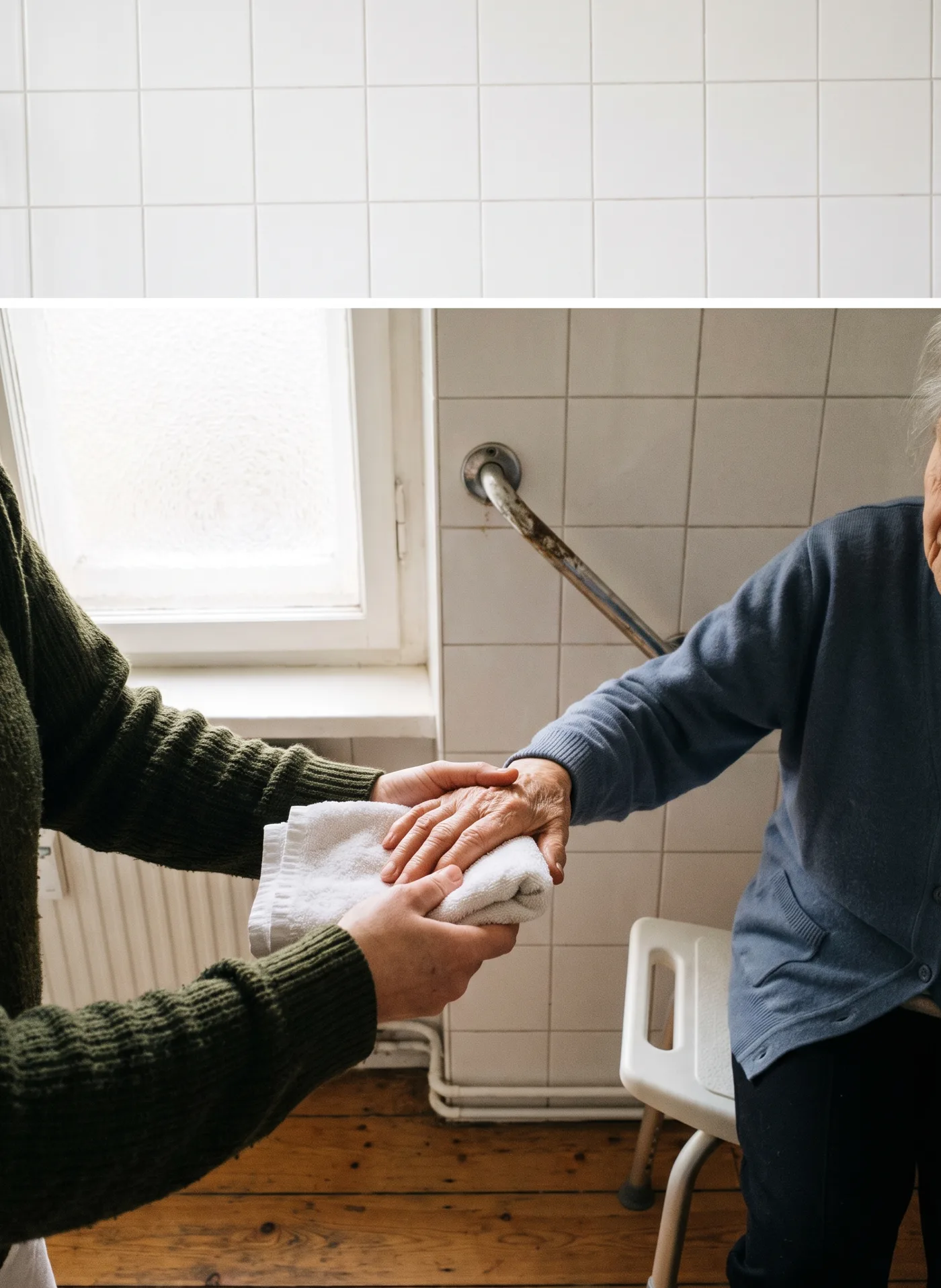 Die Hände einer Pflegekraft halten ein Handtuch und die Hand einer älteren Frau im Bad.