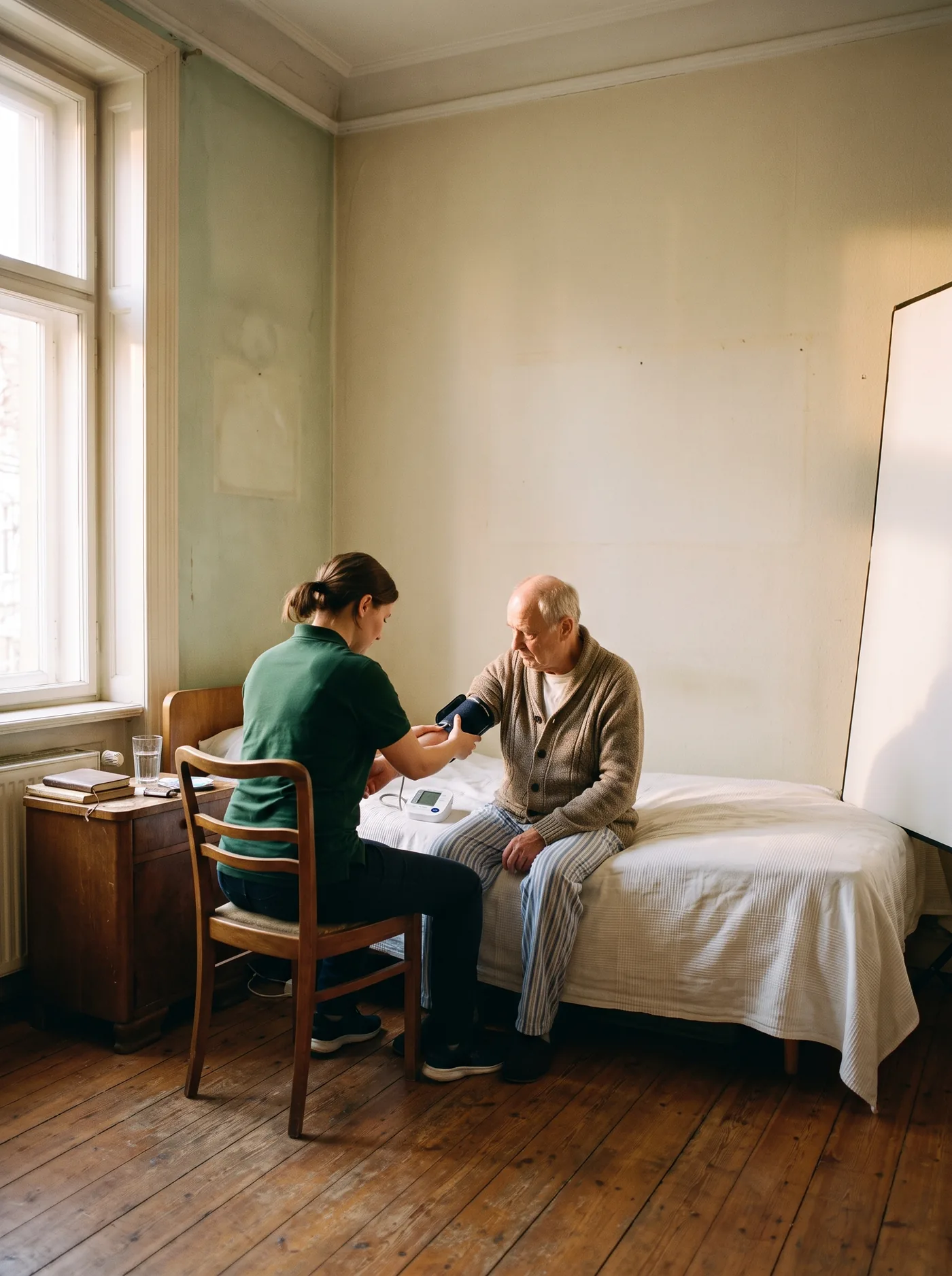 Hände in Handschuhen wechseln am Bett einen Verband, ruhig und sorgfältig.