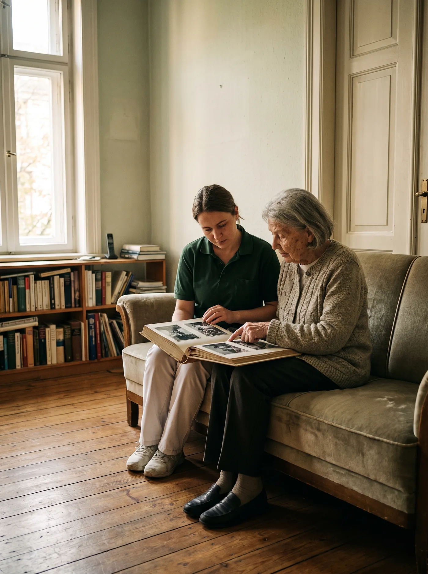 Eine ältere Frau und eine Pflegekraft sehen im Wohnzimmer gemeinsam ein Fotoalbum an.