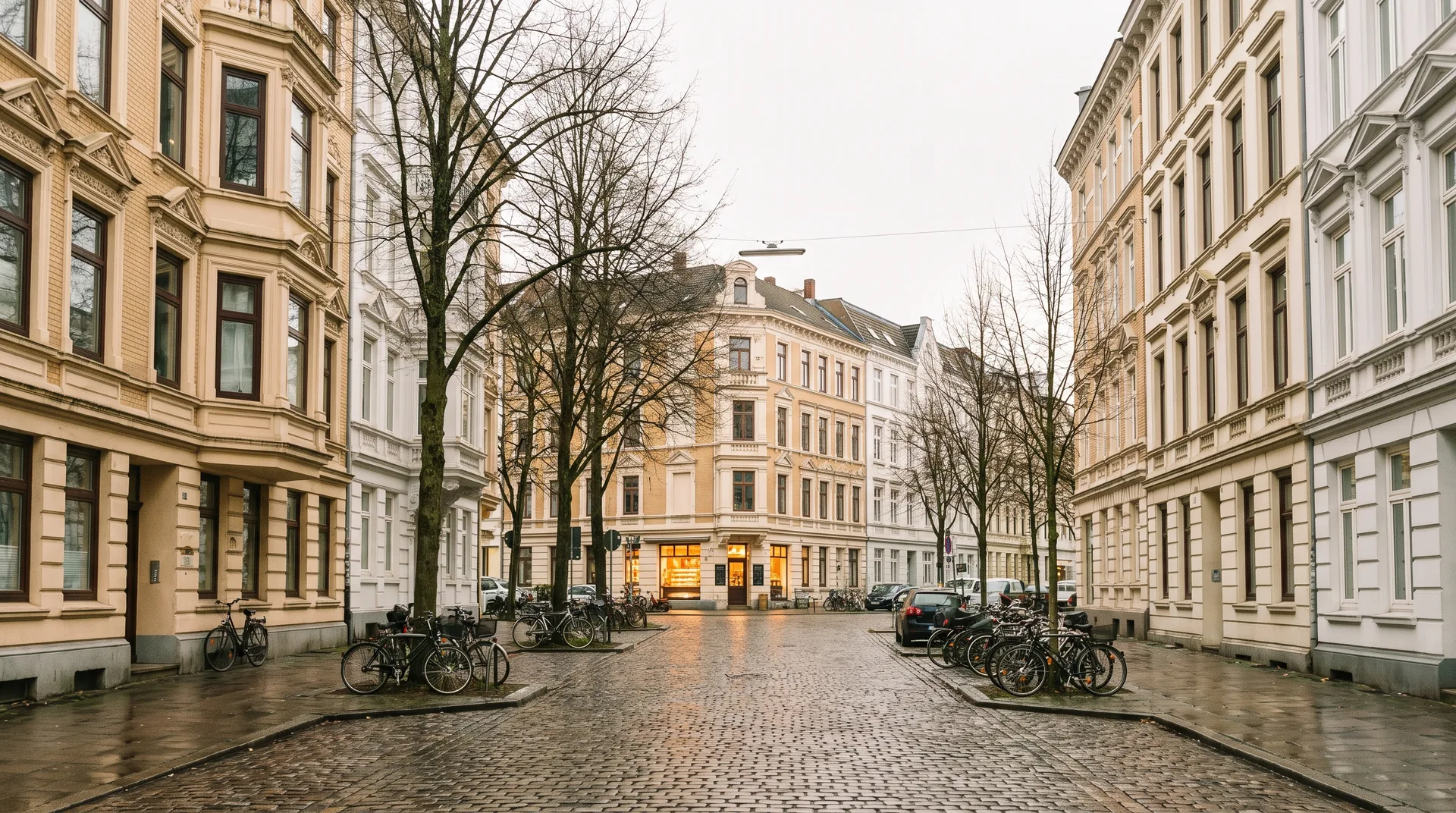 Altbaufassaden in Eimsbüttel am Morgen.