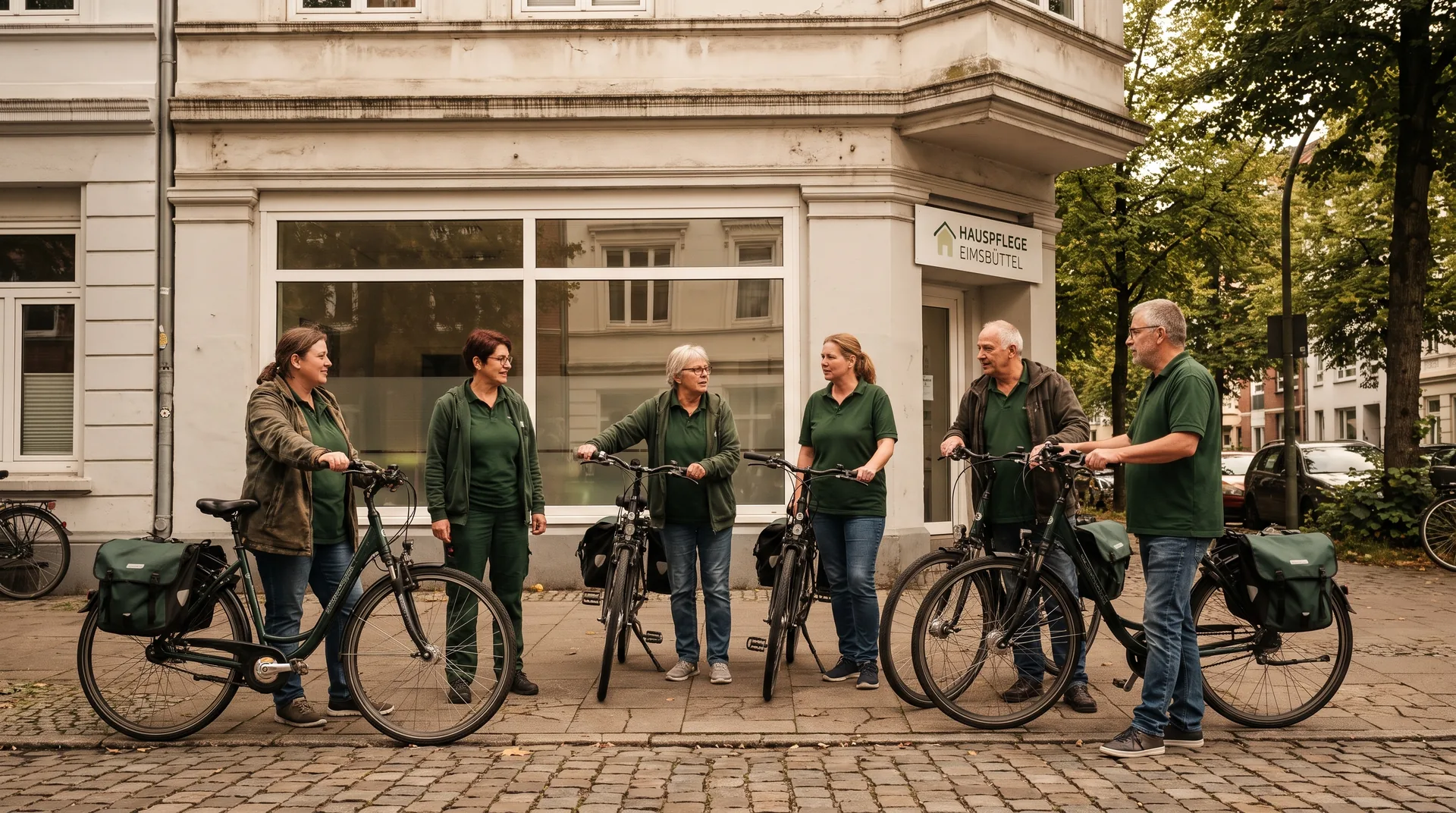 Sechs Pflegekräfte mit Fahrrädern vor dem Büro in der Osterstraße.