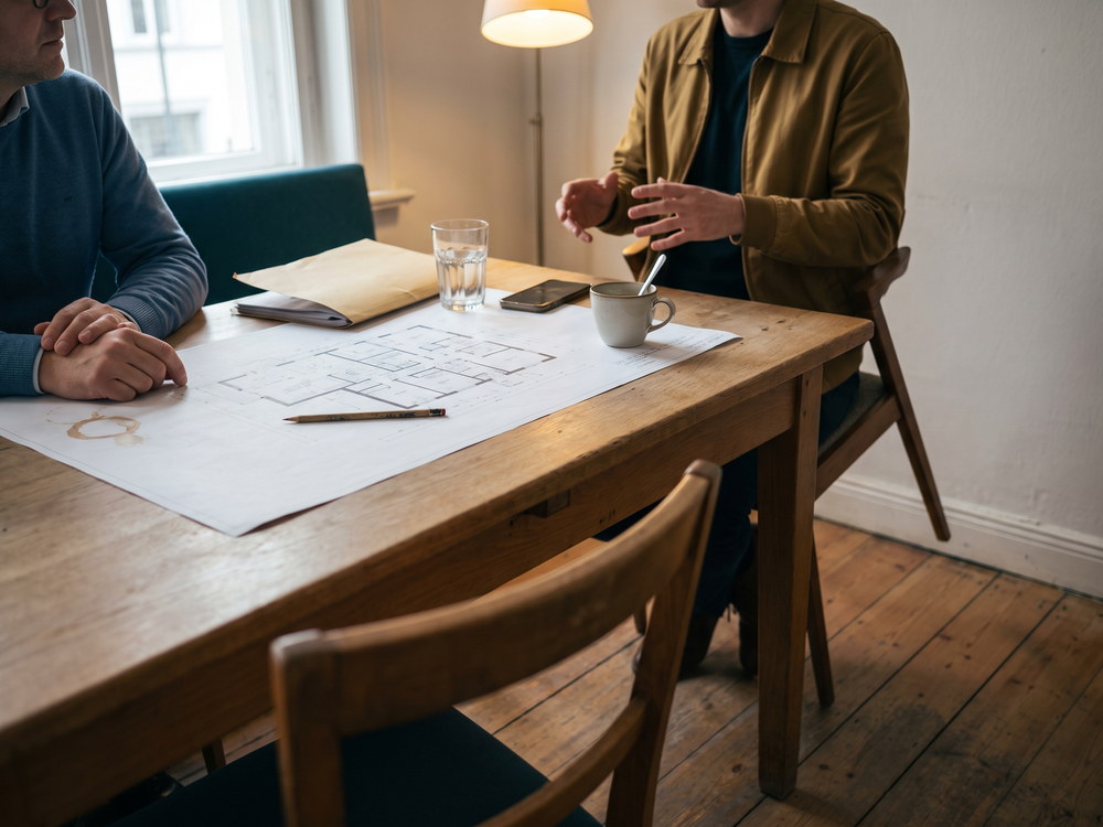 Zwei Personen am Besprechungstisch, zwischen ihnen ein ausgebreiteter Grundriss mit Bleistift, daneben Mappe, Wasserglas und Kaffeetasse