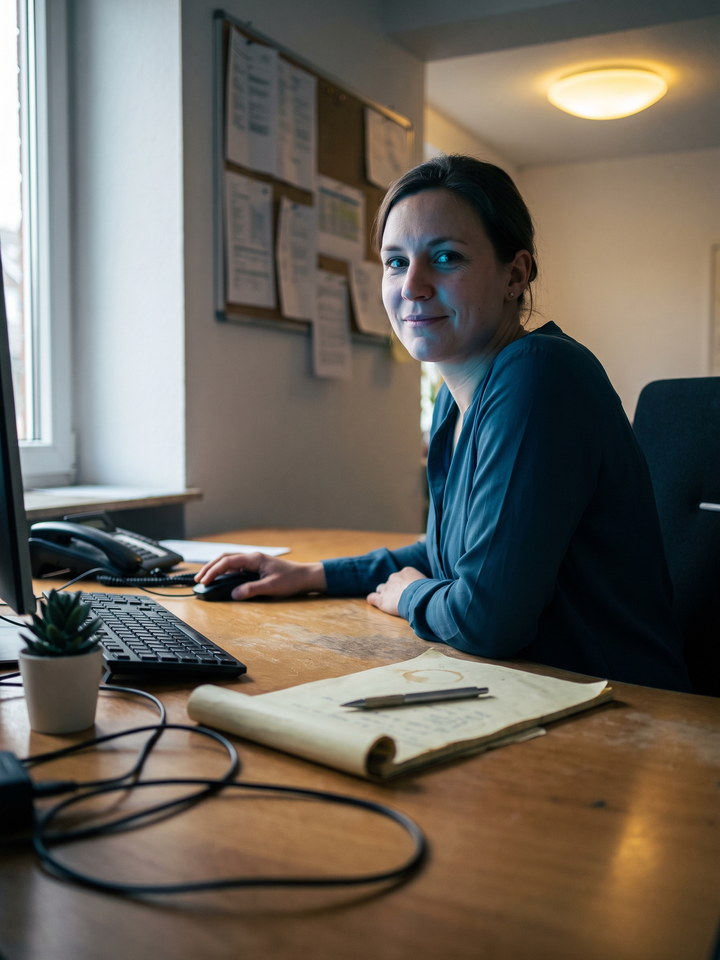 Melanie Groterhorst am Schreibtisch, halb zur Kamera gedreht, vor einer Pinnwand; auf dem Tisch Telefon, Tastatur und ein Notizblock