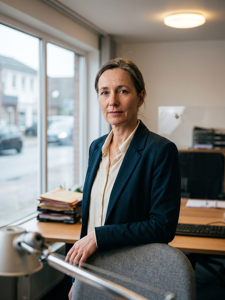Sabine Kellermann im dunklen Blazer vor der Fensterfront des B&uuml;ros, eine Hand auf der Stuhllehne