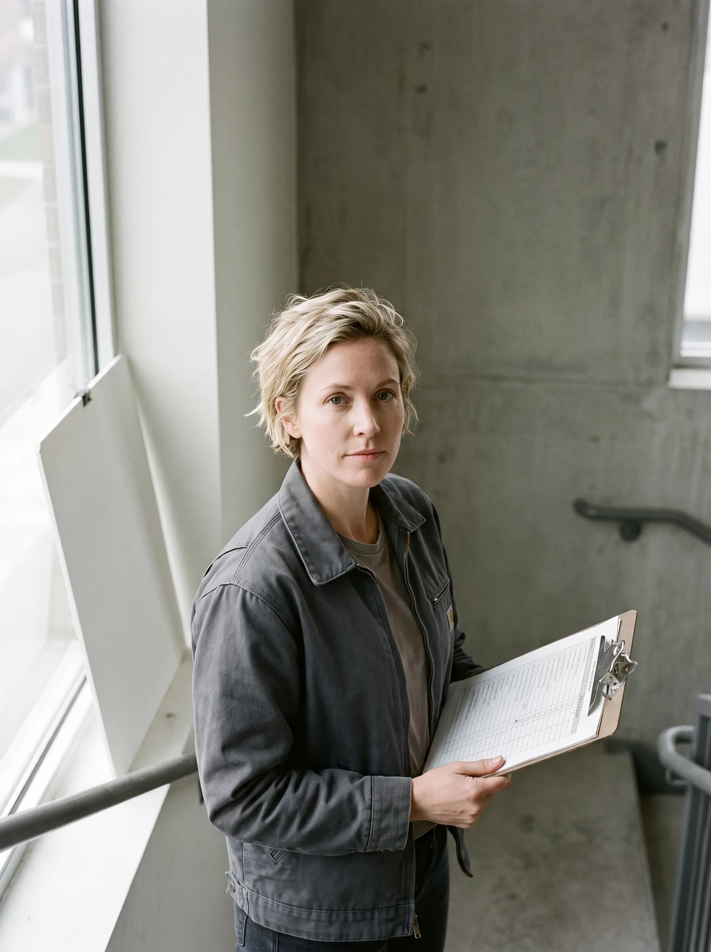 Grit Lehmann, Qualitätssicherung, mit Prüfliste im Treppenhaus.