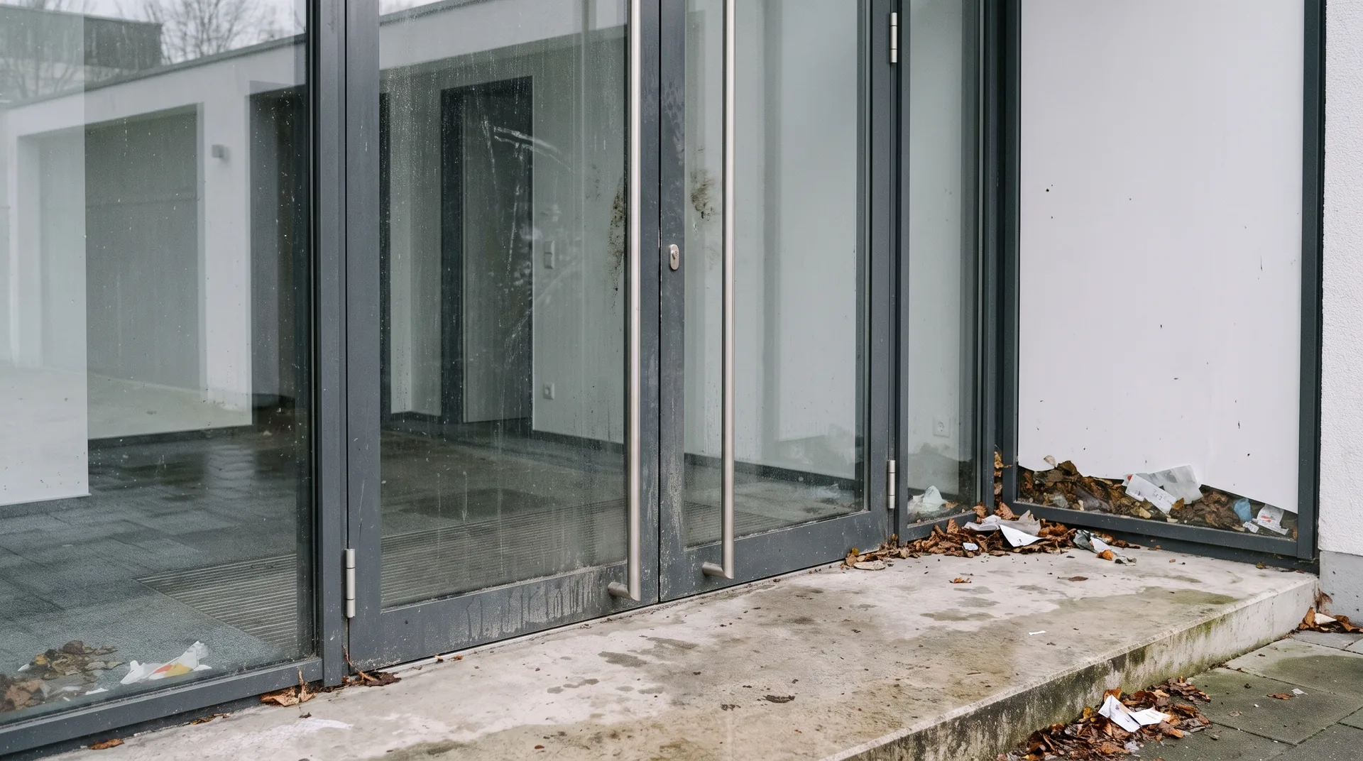 Der Glaseingang eines Hamburger Bürohauses, ungereinigt: Regenschlieren auf der Verglasung, Laub in der Ecke.