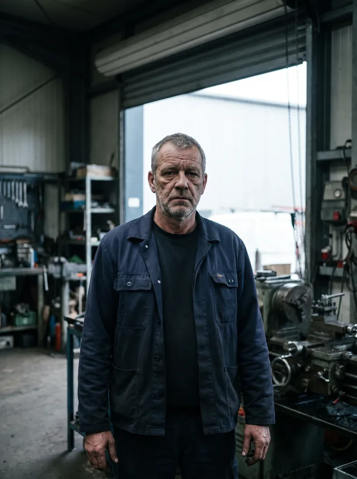 Andreas Kolbe in dunkelblauer Arbeitsjacke, hinter ihm die Drehbank und das offene Hallentor.